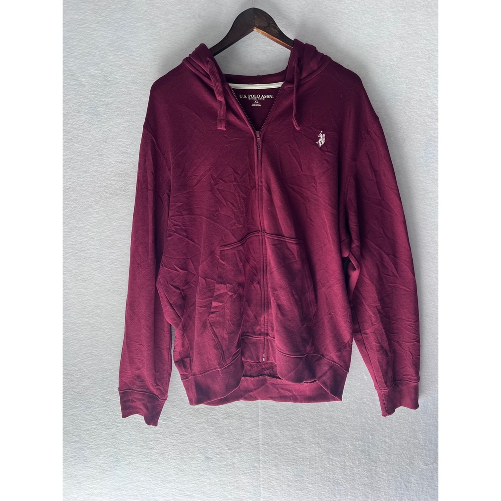 US Polo Assn Mens XL Full Zip Hoodie Burgundy Maroon Fleece Sweatshirt 378